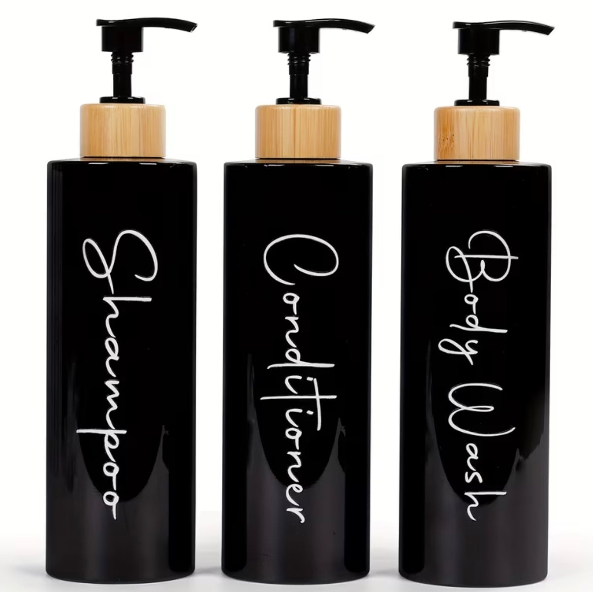 3 dispensers for shampoo, conditioner and black and white soap