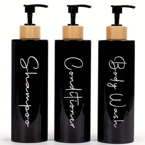 3 dispensadores para champú, acondicionador y jabón blanco y negro
