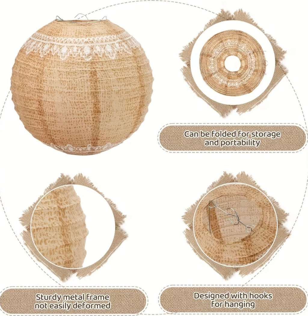 6 Paper lanterns in jute canvas with lace print