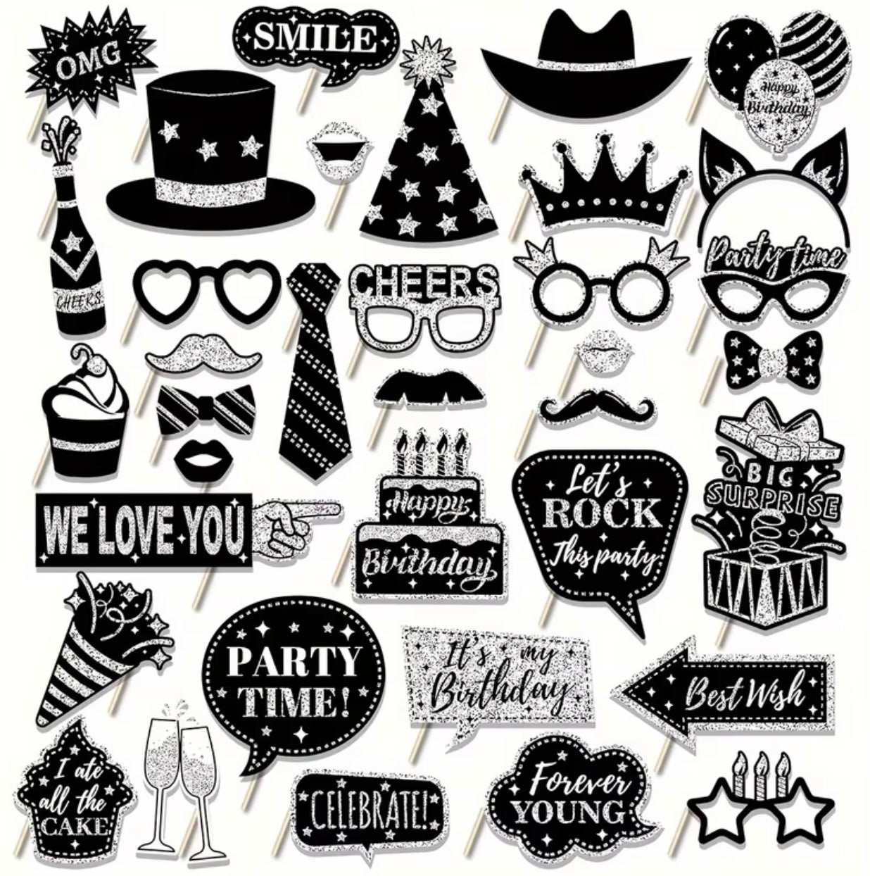 36 pieces of birthday photo booth accessories
