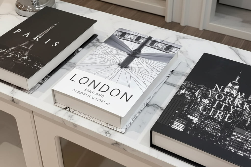 Set of 3 elegant black and white fake decorative books