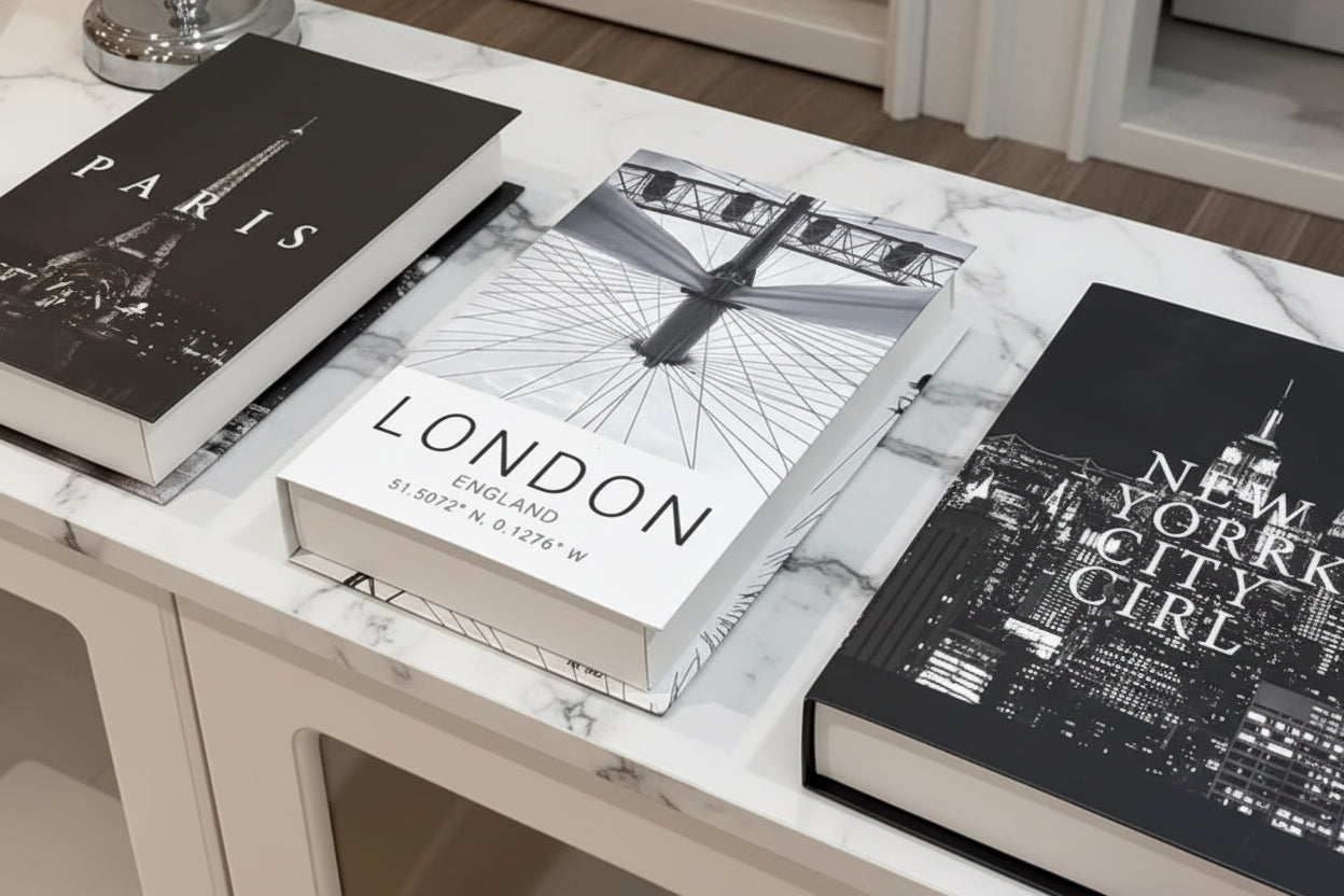 Set of 3 elegant black and white fake decorative books