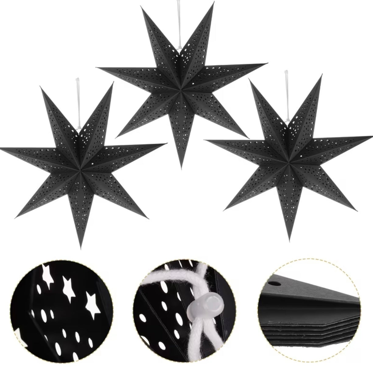 3 Pieces Christmas Decorations Suspension Lamp Three-dimensional Star Seven Tips, Black