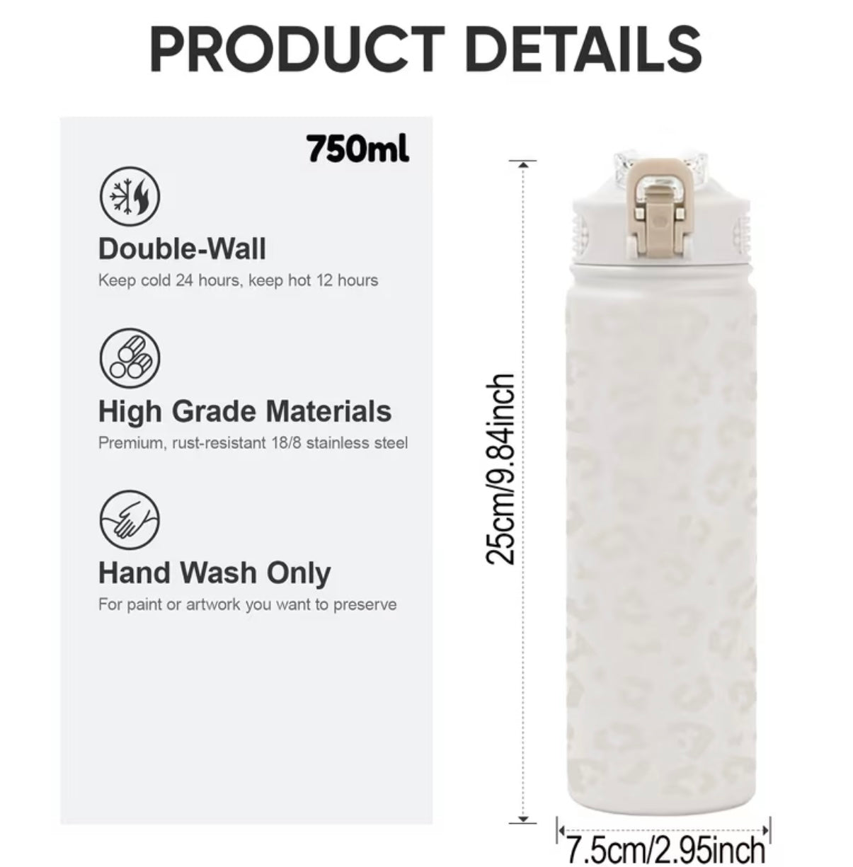 750ml Stainless Steel Thermal Glass with Leopard Print