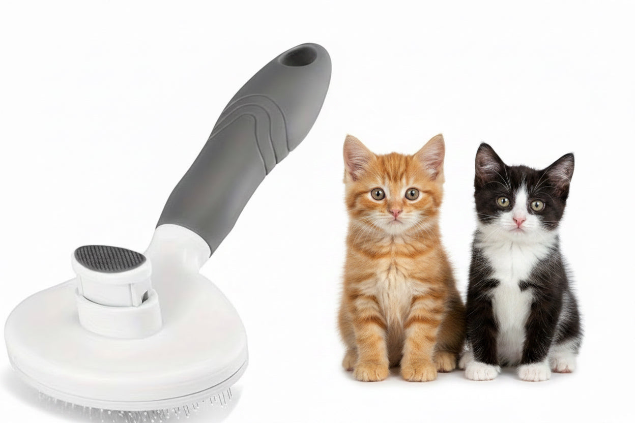 Self-cleaning rake brush for cat grooming