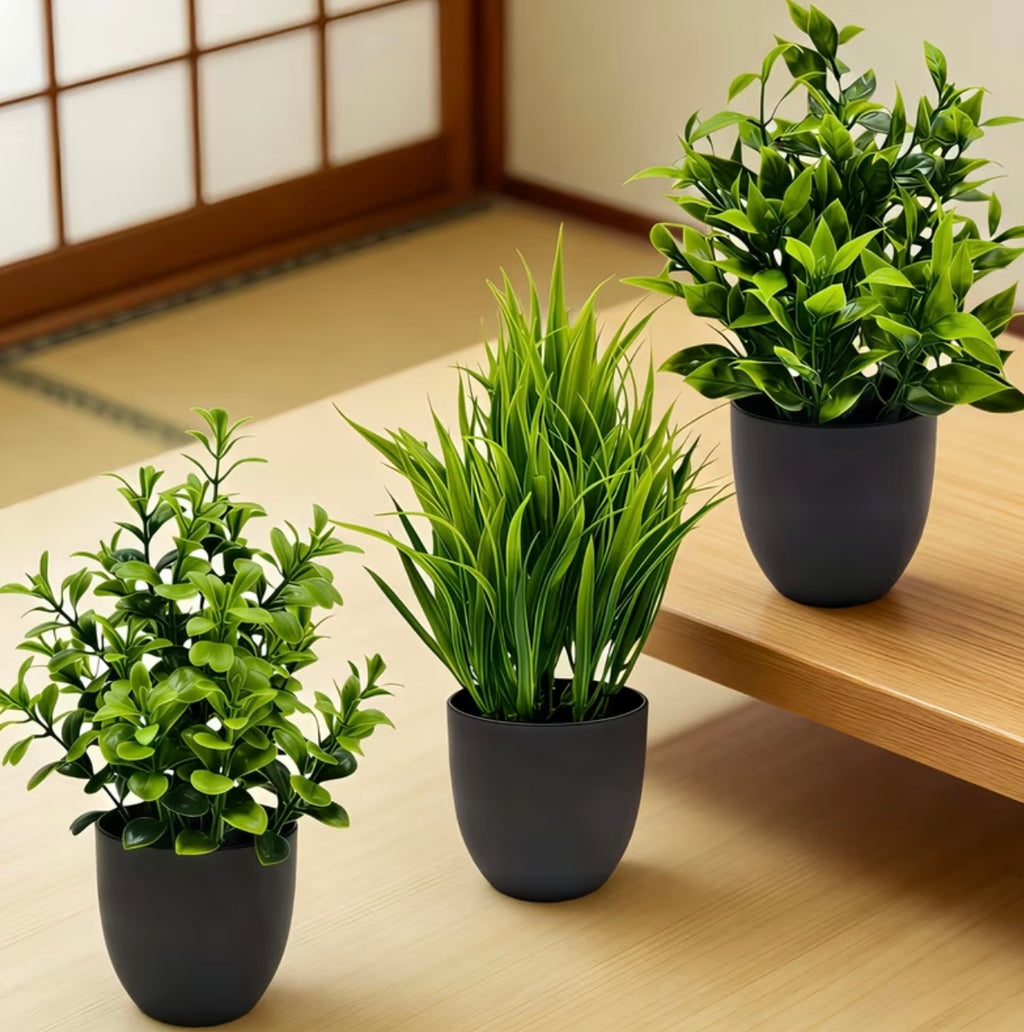 Set of three realistic green artificial plants in pot
