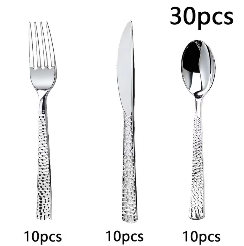 30-piece hammered silver plastic cutlery set