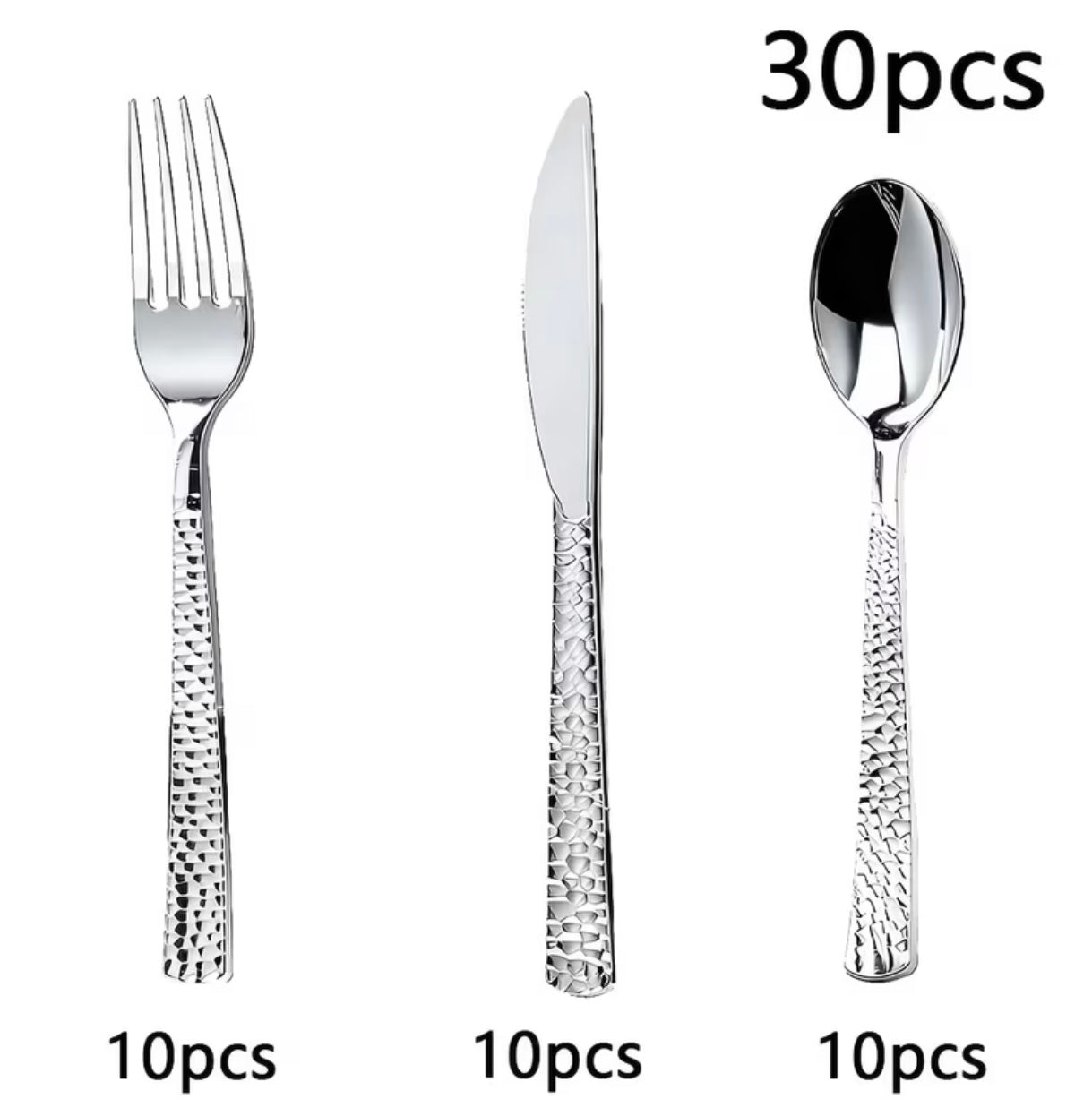 30-piece hammered silver plastic cutlery set