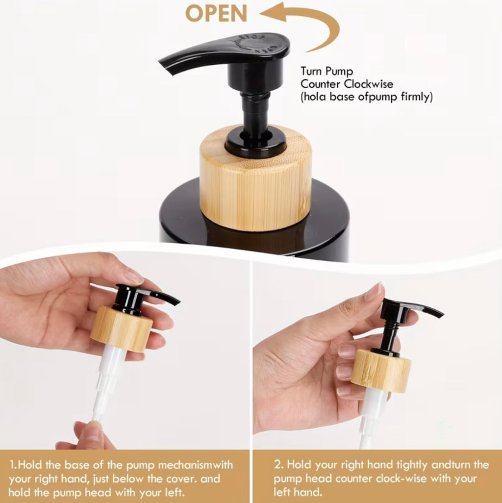 3 dispensers for shampoo, conditioner and black and white soap