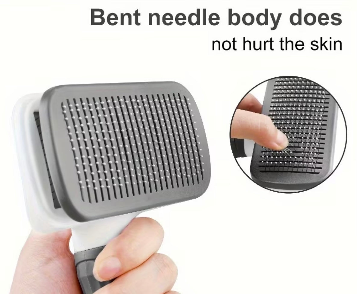 Self-cleaning rake brush for cat grooming