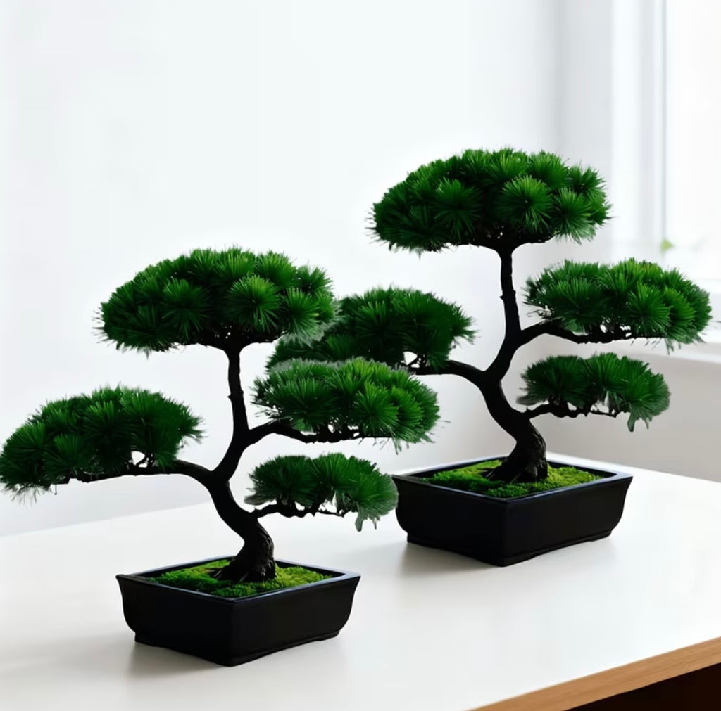 Set of 2 realistic artificial pine-shaped bonsai