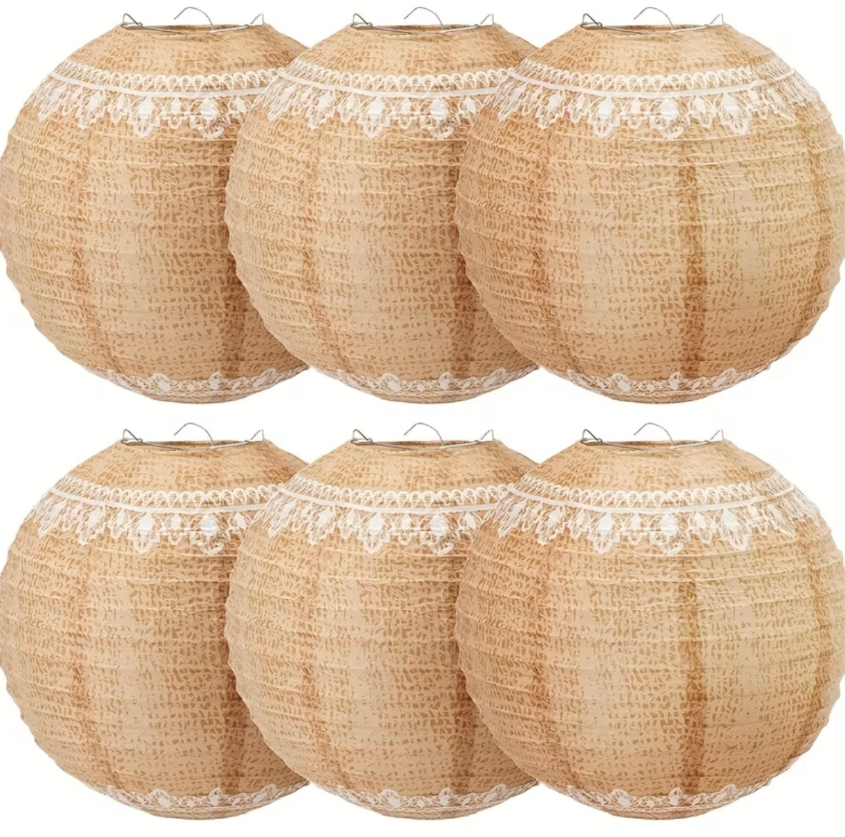 6 Paper lanterns in jute canvas with lace print