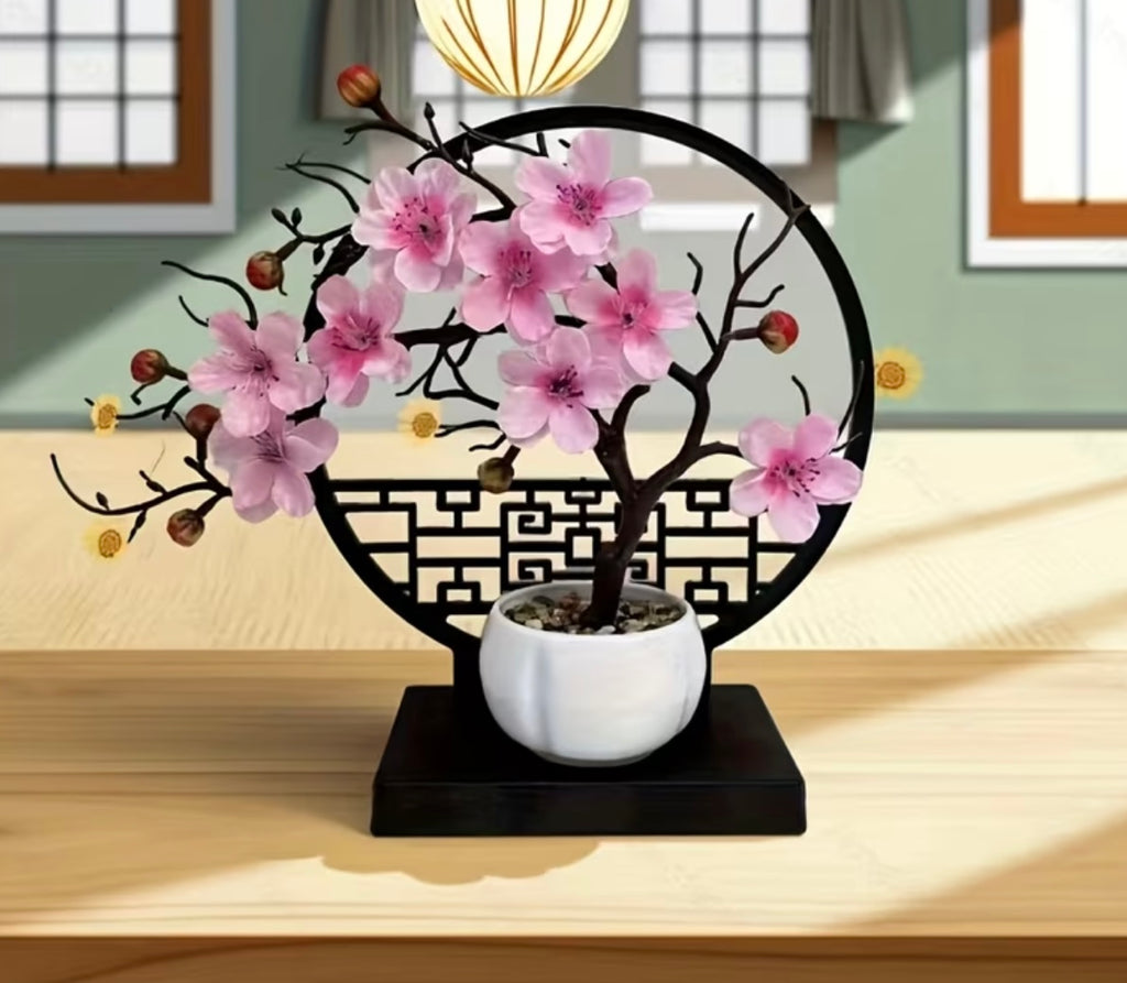 A set of potted plants with artificial plum blossoms