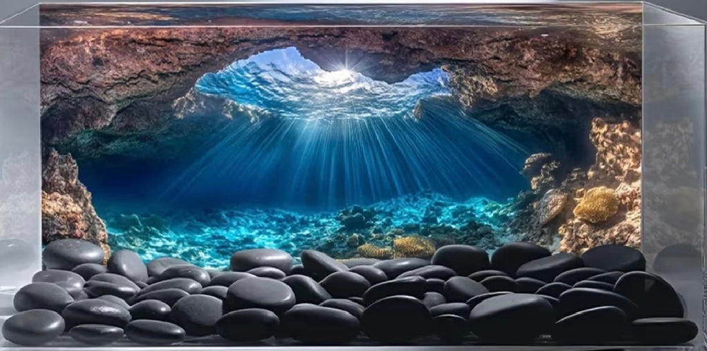 Vinilo adhesivo decorativo para acuarios con escena de cueva submarina