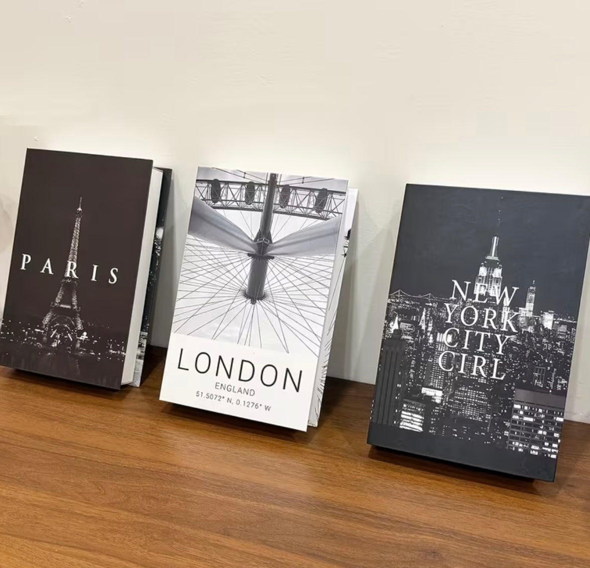 Set of 3 elegant black and white fake decorative books