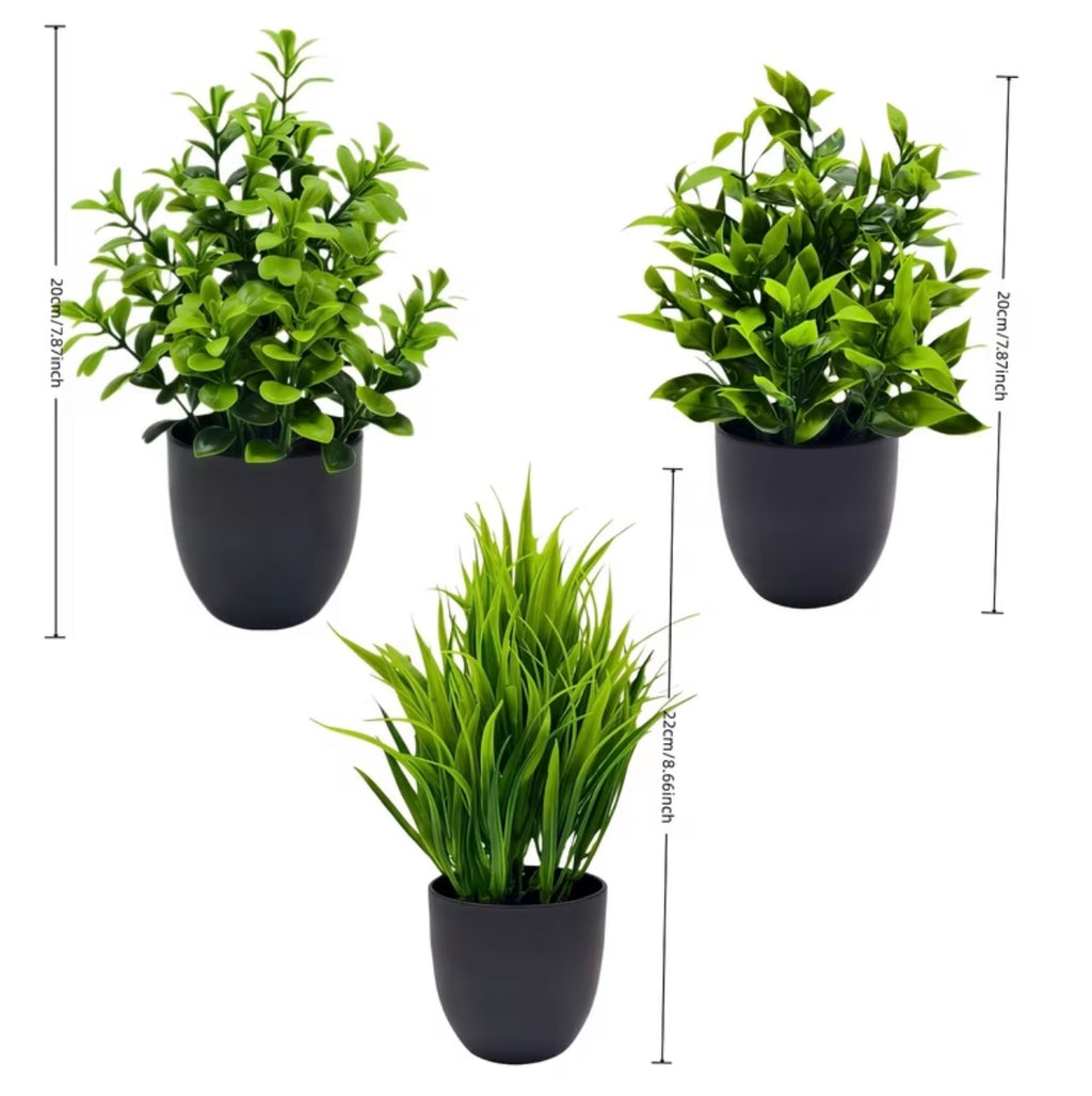 Set of three realistic green artificial plants in pot