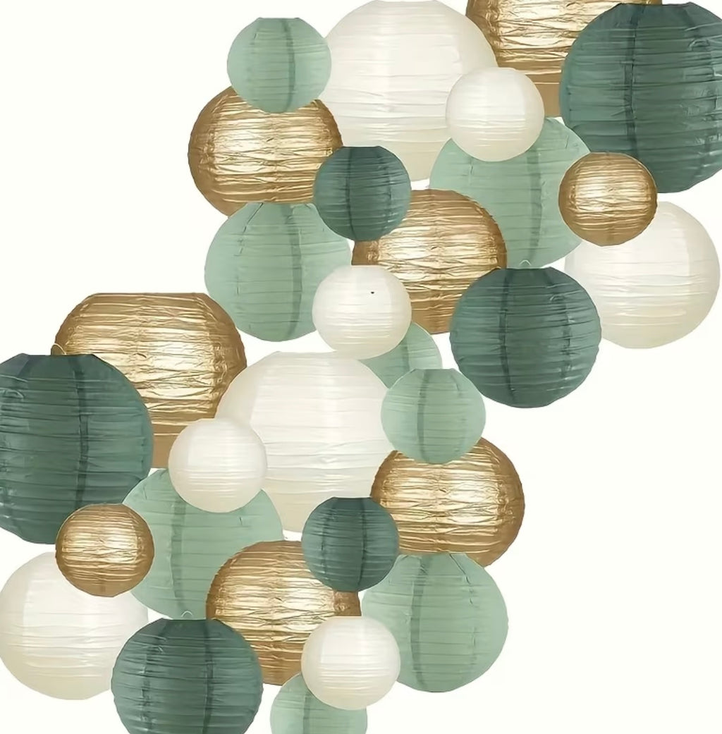 30 Green and Golden Paper Lanterns