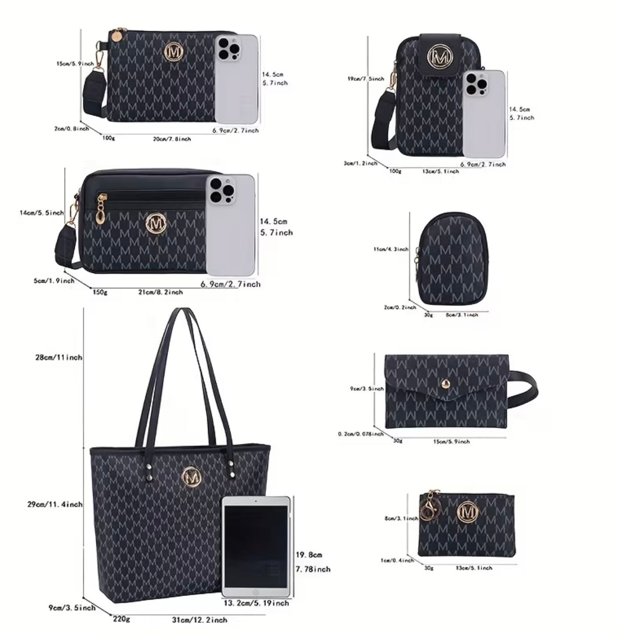 Set of 7 pieces plastic tote bag with fashionable letter print
