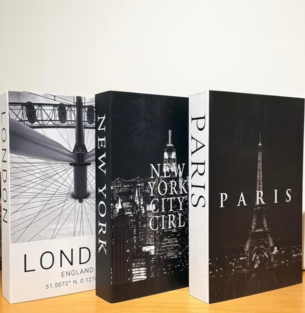 Set of 3 elegant black and white fake decorative books