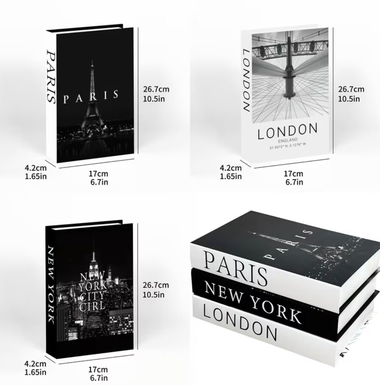 Set of 3 elegant black and white fake decorative books