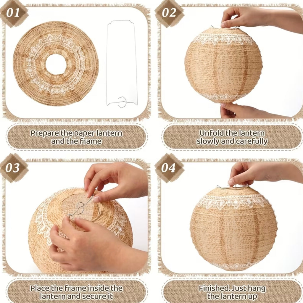 6 Paper lanterns in jute canvas with lace print