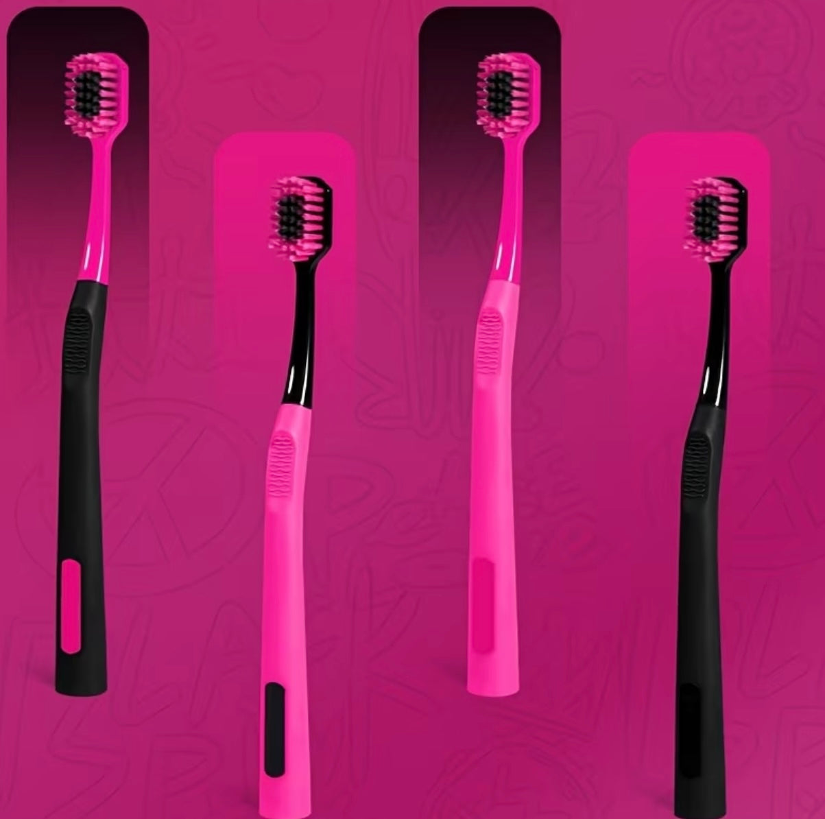 Serie di spazzolini da denti neri e rosa con graffiti, set da 4 pezzi