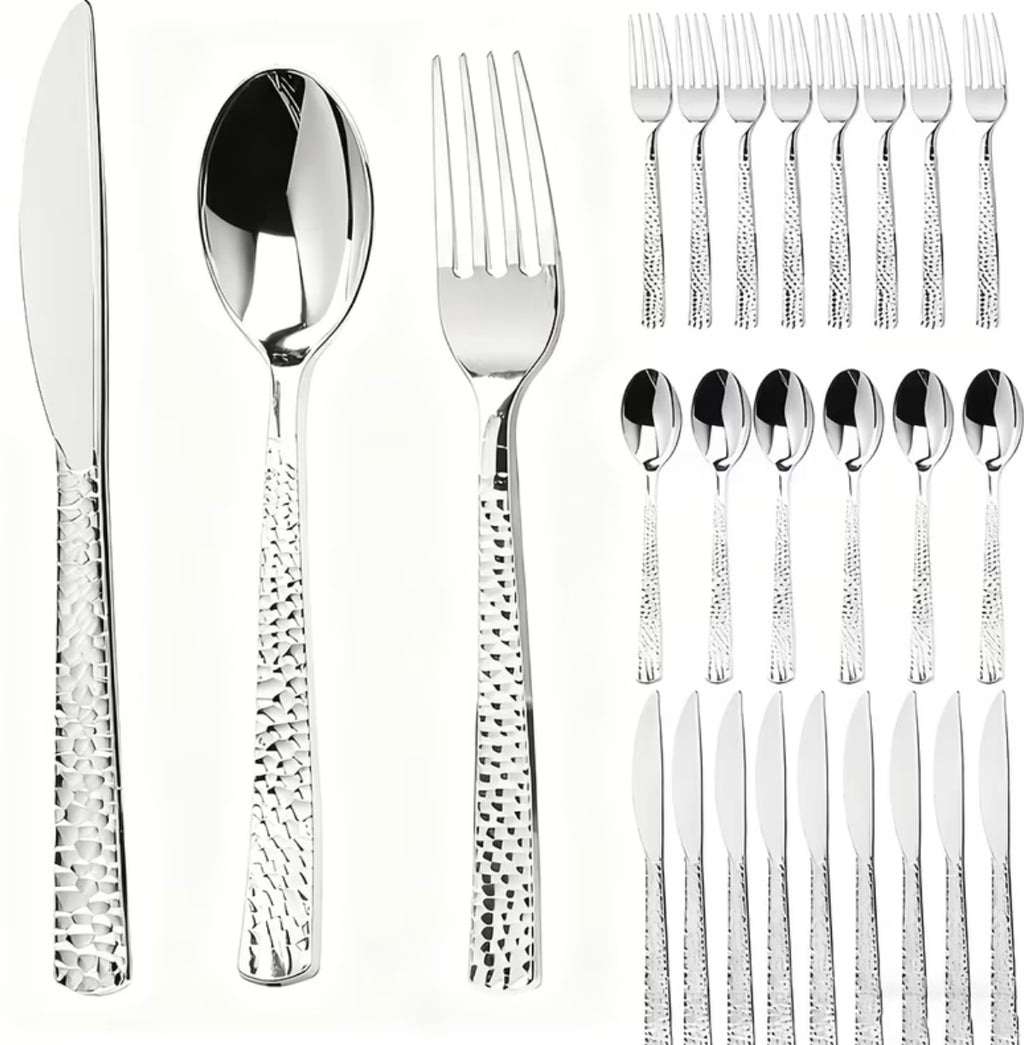30-piece hammered silver plastic cutlery set