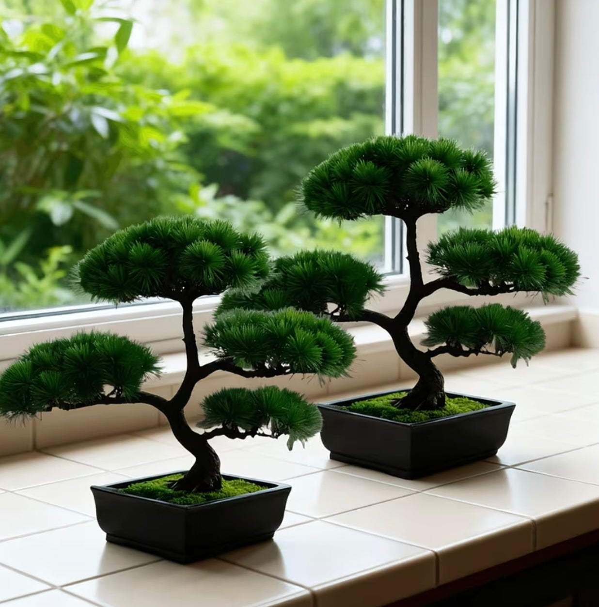 Set of 2 realistic artificial pine-shaped bonsai