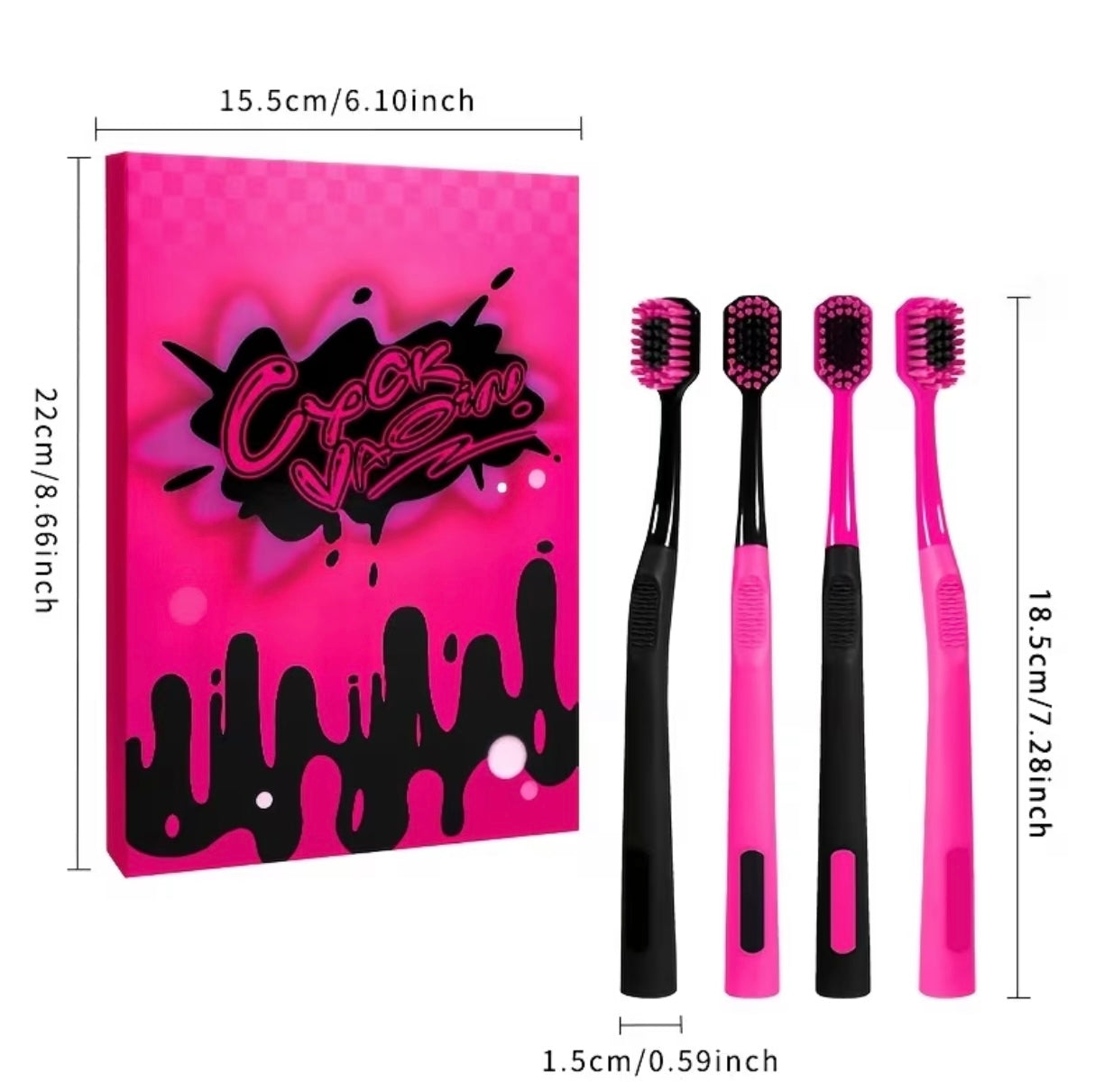 Serie di spazzolini da denti neri e rosa con graffiti, set da 4 pezzi