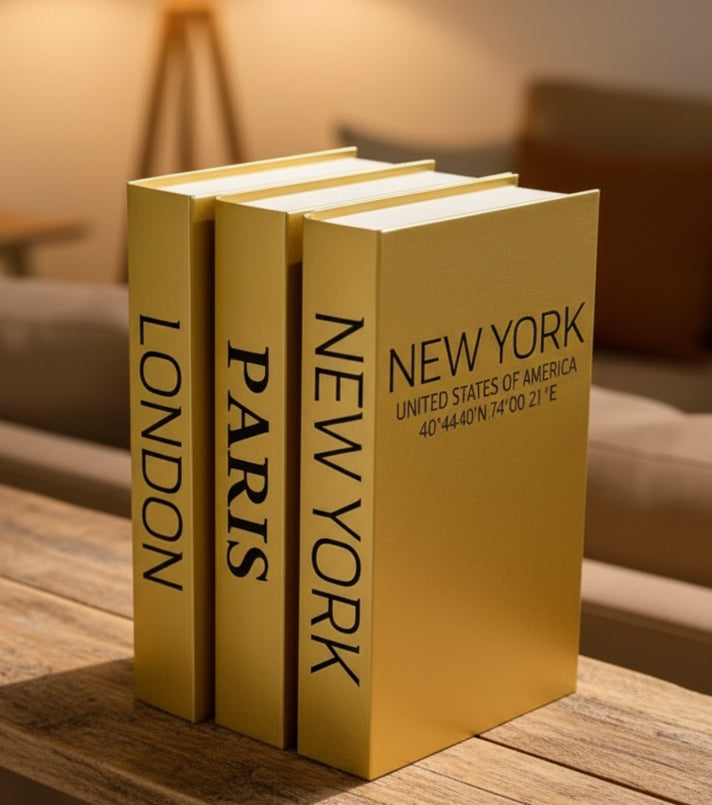 Libros falsos decorativos con efecto de papel dorado