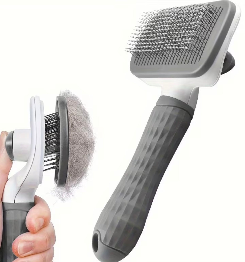 Self-cleaning rake brush for cat grooming